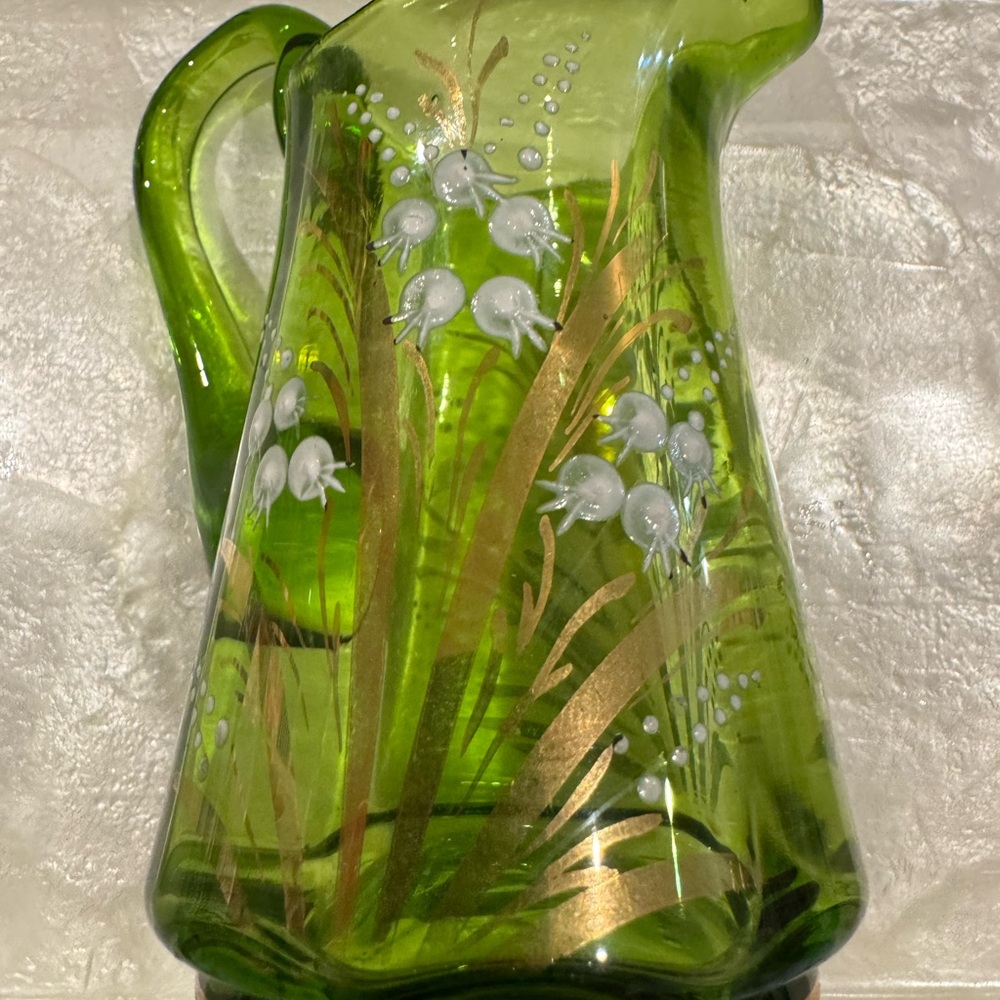 Vintage Victorian Hand Blown Glass Creamer With Lily Of The Valley Pattern 4”